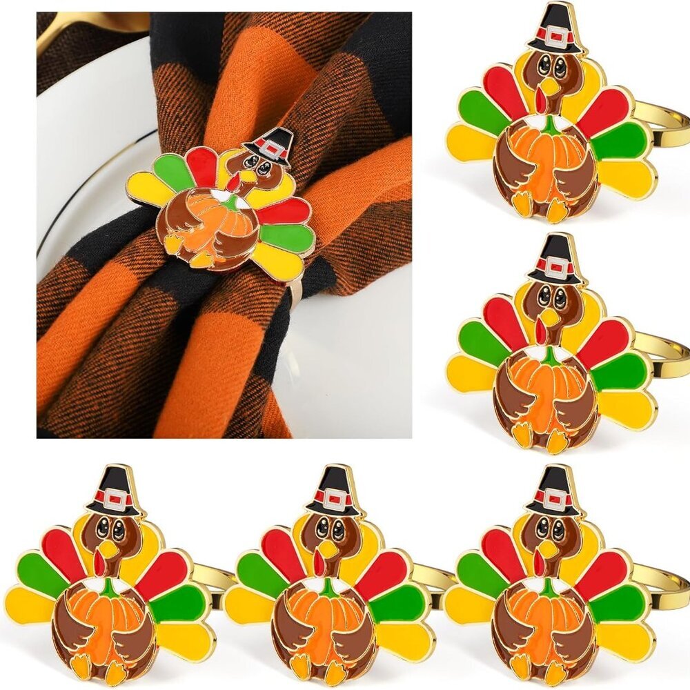 Thanksgiving Day Napkin Rings Decoration 6 Pcs, Metal Turkey Pumpkin Rings Holde